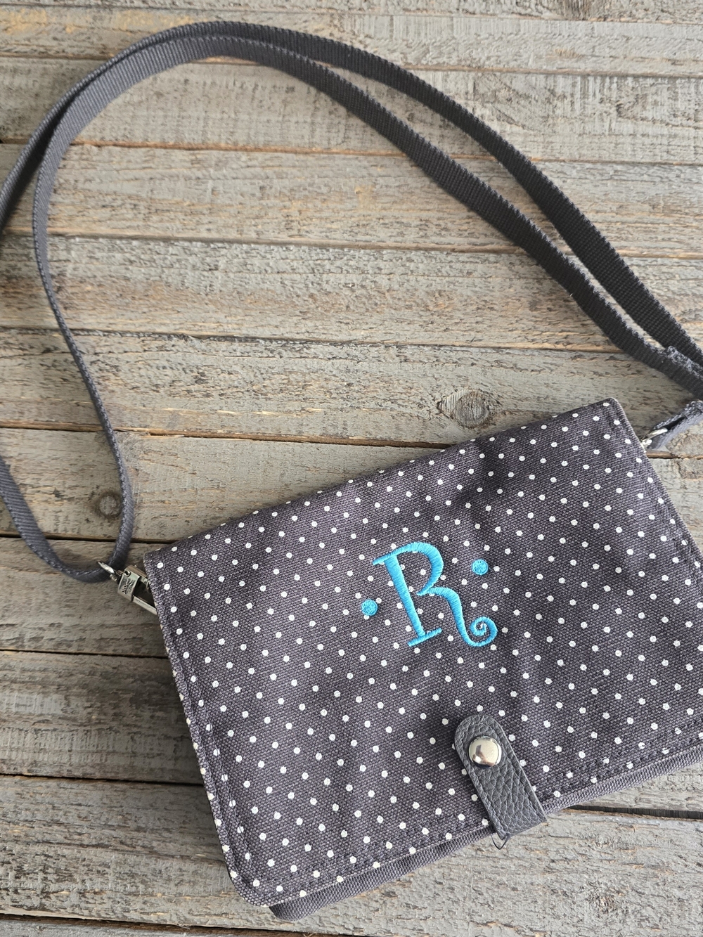 Thirty One Monogrammed Gray Polka Dot Crossbody Bag with Turquoise R